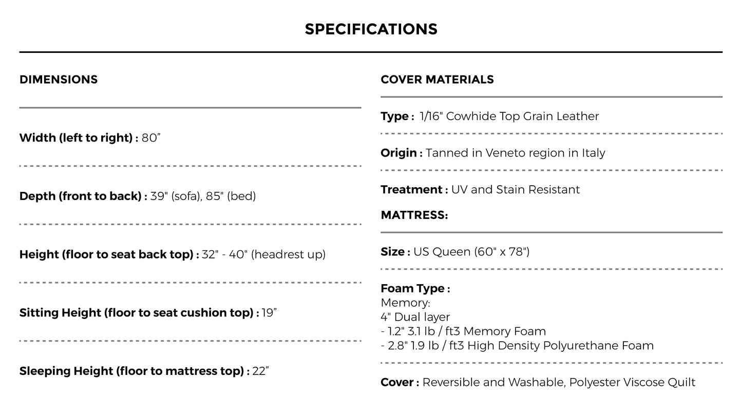 PORCIA Top Grain Leather Medium Grey Sofa Bed